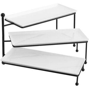3 Tiered Serving Stand with White Porcelain Platters, Tray Stand, 14.5" x 6"